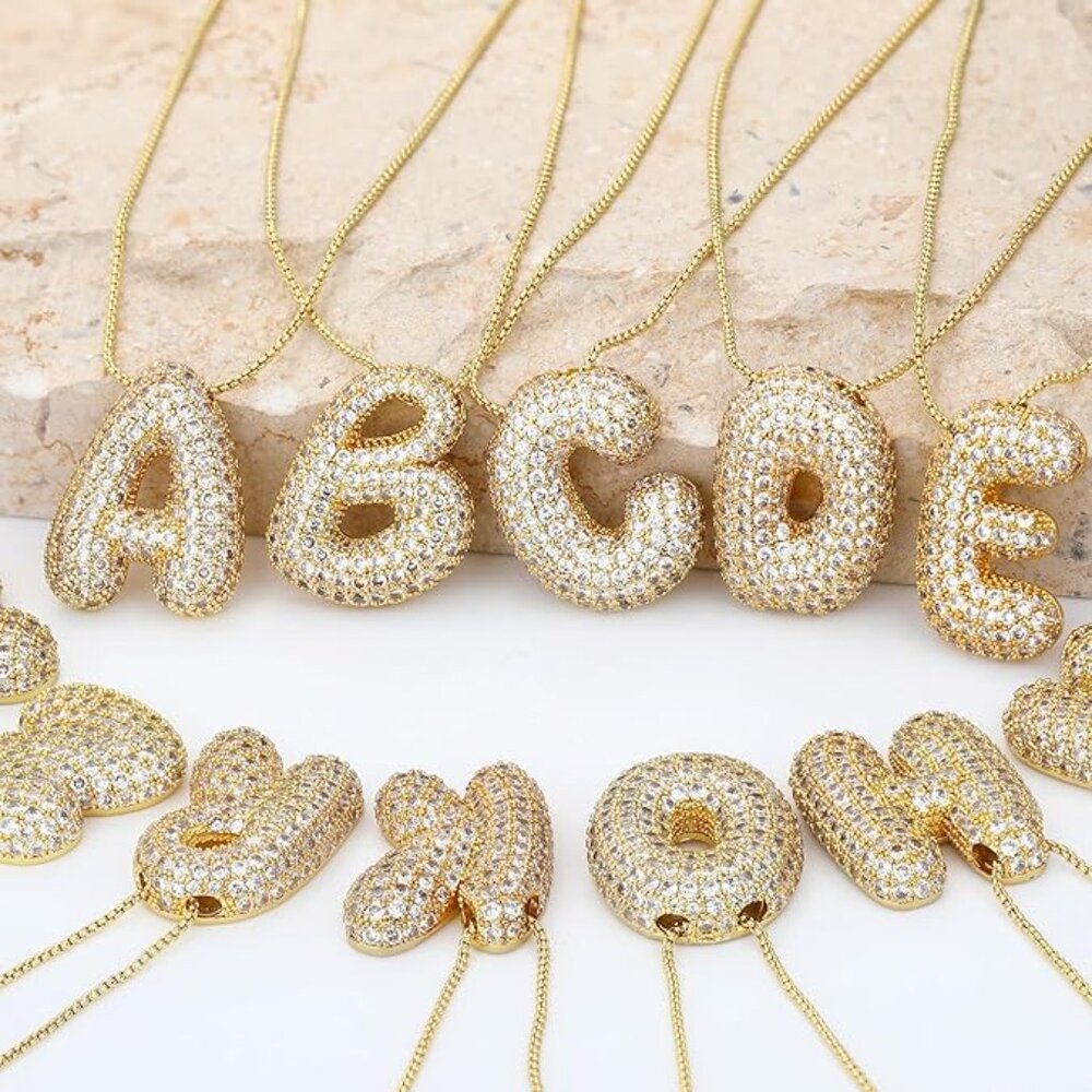 Gold Bubble Letter‎ Women's Necklace A–Z Initial Pendant, 18K Gold Plated Chunky